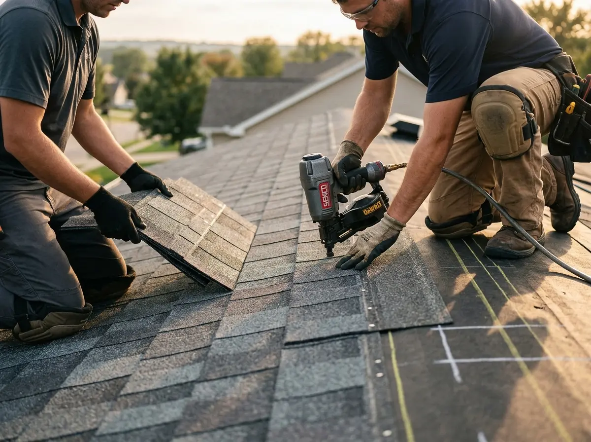 Professional roofer working on a residential roof in Dryden